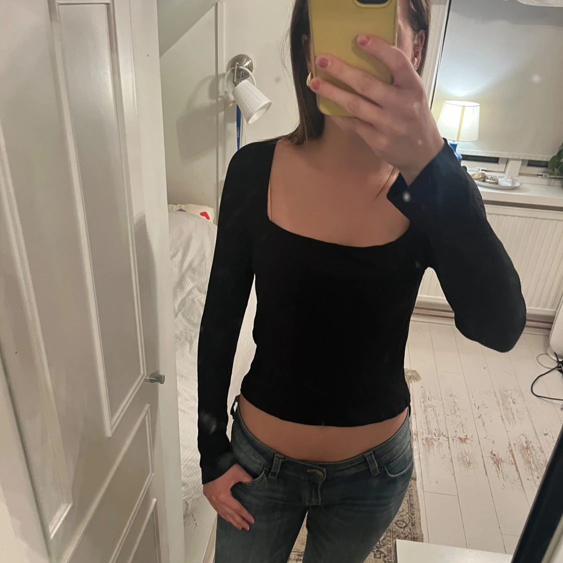 Ribbad långärmad svart basic tröja  - 90