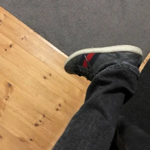 Svarta sneakers med röd och blå detalj gucci ace - Snygga svarta sneakers med ett diskret mönster och röd-blå rand på sidan. Skorna har snörning och en vit sula. Perfekta för en casual look dom är i storlek 39-40 men jag hade dom ett halv år och va storlek 41 då