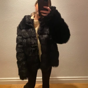 Svart pälsjacka - Säljer en lyxig svart pälsjacka med långärmad design. Jackan har en fluffig och varm känsla, perfekt för kyliga dagar. Den är elegant och kan lyfta vilken outfit som helst.