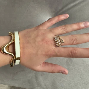 Guldfärgad ring med lövmotiv - Säljer en elegant guldfärgad ring med ett vackert lövmotiv. Ringen har detaljerade blad med klara stenar som ger en glittrig effekt. Perfekt för att lägga till en touch av naturinspirerad elegans till din outfit. Passar både till vardags och festliga tillfällen. Justerbar storlek