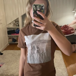 Brun t-shirt med tryck - Säljer en brun t-shirt från Monki med ett coolt tryck av två personer i ett landskap. Perfekt för en avslappnad stil och passar bra till jeans eller shorts. T-shirten är i bra skick och har en normal passform. Perfekt för både vardag och chillhäng!