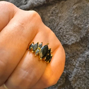 Guldfärgad ring med svarta stenar - Säljer en snygg guldfärgad ring i äkta SSteel med svarta stenar i olika former. Ringen har en elegant design med flera stenar som ger en lyxig känsla. Perfekt för fest eller andra speciella tillfällen. Köp direkt eller ge prisförslag 💛
