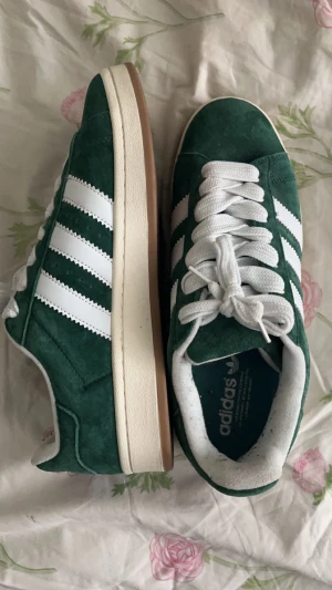 Adidas Campus Gröna - Nya Adidas campus anvönd 2 gånger  Som jag säljer endast för 500 pågrund av att jag har tappat boxen till skorna  De är storlek 43 men passar 42 och 44 Kan mötas runt Stockholm 