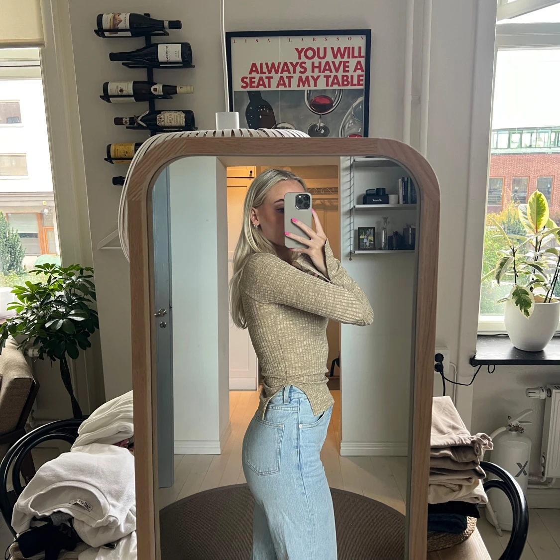 Beige ribbad långärmad topp - 91