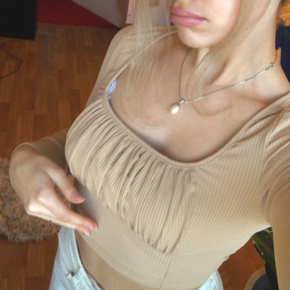 Beige ribbad topp från Shein