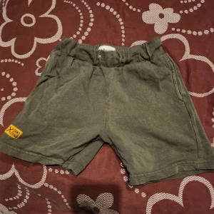 Gröna shorts med resårmidja - Säljer ett par gröna shorts med resårmidja och en gul etikett på benet. Perfekta för en avslappnad stil.
