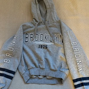 Grå hoodie från H&M Divided - Säljer en grå hoodie från H&M Divided med texten 'Brooklyn 1975' på framsidan och 'Bronx' på ärmarna. Den har en bekväm passform med ribbade muddar och en justerbar huva. Perfekt för en avslappnad stil!