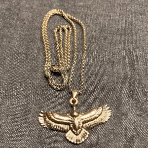 Halsband med örnhänge i silver - Snyggt halsband med ett detaljerat örnhänge i silver. Kedjan är robust och har en klassisk låsning. Hänget föreställer en örn med utbredda vingar, vilket ger ett kraftfullt intryck. Perfekt för att ge en unik touch till din stil.