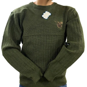 Grön stickad tröja med broderad älg - Säljer en grön stickad tröja med en broderad älgdetalj på bröstet. Tröjan har långa ärmar och ribbade muddar vid ärmslut och nederkant. Perfekt för kyliga dagar! Finns i M, XL och XXL