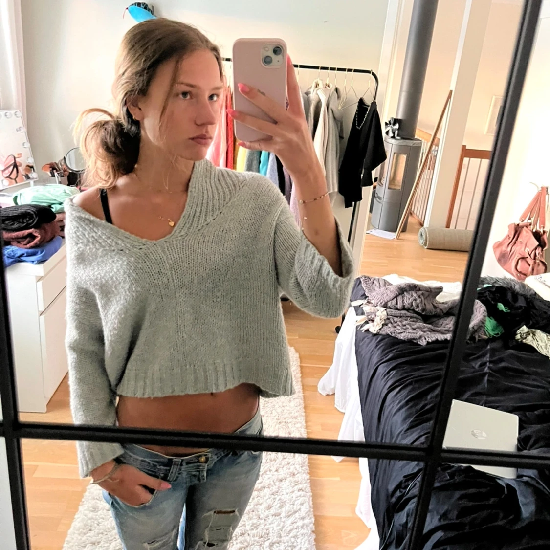 Grå croppad stickad tröja med trekvartsärmar - 90