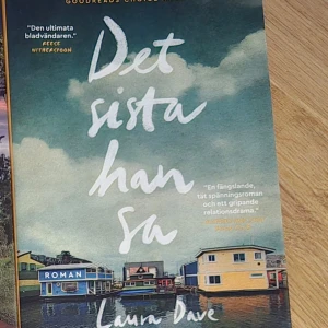 Det sista han sa - En spännande roman av Laura Dave, 'Det sista han sa', som kombinerar thriller och relationsdrama. Omslaget visar en dramatisk himmel över en småstad vid vattnet, vilket speglar bokens intensiva och gripande handling.