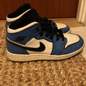 Nike Air Jordans i blått och vitt - Säljer ett par snygga Nike Air Jordans i blått och vitt. De har en klassisk design med svart snörning och den ikoniska Nike-loggan på sidan. Skorna är i bra skick och perfekta för både vardag och fest. Har inte boxen