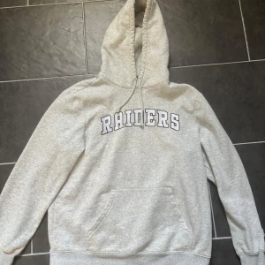 Grå Raiders hoodie - Säljer en grå hoodie från H&M med Raiders-tryck både fram och bak. Tröjan har en klassisk känguruficka och justerbar huva med snören. Perfekt för en avslappnad stil.