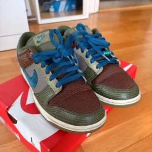 Nike Dunk med färgglad design - Snygga Nike Dunk sneakers med en unik färgkombination av brunt, grönt och blått. Skorna har blå snörning och en distinkt blå Nike-logga på sidan. Perfekta för dig som vill sticka ut med stil.