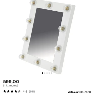 Sminkspegel - Jag säljer en super bra smink spegel från Clas Ohlson, har haft den i ca 1,5 år. Min kanin har bitit av sladden en gång så den är lagad där av en elektriker där man ser den lilla dosan på bild 3. Den funkar jätte bra och är dimbar ljus styrka.