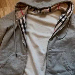 Säljer en snygg grå hoodie från Burberry med klassiskt rutigt foder i huvan. Den har dragkedja framtill och är i mycket bra skick. Perfekt för höst och vår!