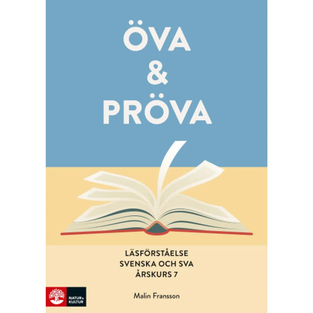 Läsförståelseuppgifterna i Öva & pröva testar fyra olika läsförståelseprocesser:  uppmärksamma och återge explicit uttryckt information dra enkla slutsatser tolka och integrera idéer och information granska och värdera innehåll, språk och textelement.  Uppgifterna består av såväl flervalsfrågor som öppna frågor. Sakprosa och skönlitteratur I Öva & pröva möter eleverna till exempel faktatexter, recensioner, krönikor och nyhetsartiklar av bland andra Bob Hansson, Carina Bergfeldt och Johan Rapp. De får även läsa skönlitterära texter som till exempel berättelser, dikter och noveller av författare som Alice Munro, Jonas Karlsson och Athena Farrokhzad. Texterna är indelade i tre allmänmänskliga teman per bok. ”Svåra frågor”, ”Hög puls” och ”Alternativ värld” är exempel på teman. Varje tema introduceras med en illustration som väcker nyfikenhet och aktiverar elevernas förförståelse. Arbeta formativt och summativt Använd Öva & pröva formativt och summativt. Det första temat kan användas för att få en bild av elevernas läsförståelse vid skolstarten. Det andra temat kan användas halvvägs in i läsåret för att se hur elevernas läsförståelse har utvecklats. Det sista temat kan användas summativt: hur god är elevernas läsförståelse i slutet av årskursen? Utifrån elevernas resultat kan den fortsatta undervisningen planeras så att elevernas läsförståelse utvecklas. Digitalt extramaterial ingår I det digitala extramaterialet som är tillgängligt för lärare finns facit till alla uppgifter samt ett lärarstöd. I lärarstödet finns det gott om uppgifter som kan användas före, under och efter arbetet med texterna i Öva & pröva. NYHET! Öva & pröva Digital  Öva & pröva finns även som digitalt läromedel. I den digitala versionen kan eleverna öva på att läsa texterna på skärm samt svara på de tillhörande läsförståelsefrågorna. Flervalsfrågorna är självrättande och i kursverktyget kan läraren bestämma om svaren på de öppna frågorna ska vara tillgängliga för eleverna eller inte. I den digitala versionen kan eleverna lyssna på texterna samt anpassa typsnitt, textstorlek och radavstånd efter behov. I Öva & pröva Digital är lärarstödet integrerat i läromedlet.     Format Häftad   Omfång 40 sidor   Språk Svenska   Förlag Natur & Kultur Läromedel och Akademi   Utgivningsdatum 2021-05-17   ISBN 9789127458949  . Böcker.