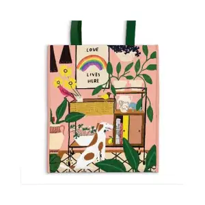 The Love Lives Here Reusable Tote features inspiring artwork and quotes, such as 