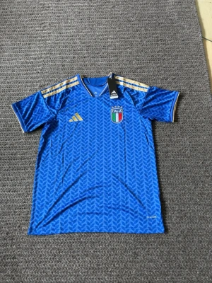 fotbollströja - Snygg blå fotbollströja från Adidas med Italiens landslagsmärke på bröstet och guldfärgade detaljer på axlar och logga. Tröjan har ett diskret mönster över hela tyget och är tillverkad i ett lätt, andningsbart material. Perfekt för match eller träning.