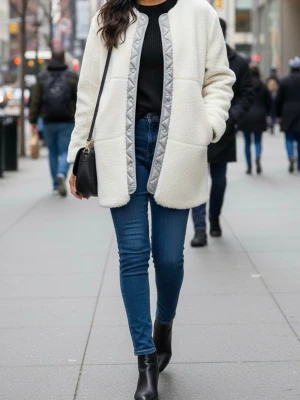 Vit teddyjacka med grå detaljer - Säljer en snygg vit teddyjacka med grå quiltade detaljer längs dragkedjan. Jackan har en rak passform, sidofickor och är gjord i mjukt, fluffigt material som ger en trendig look. Perfekt för att hålla värmen och se stylish ut på stan. HELT NY! Prisslappen sitter på (800 kr)