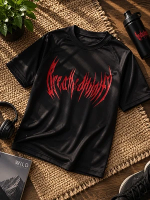 Svart Tränings T- Shirt med Rött Tryck  - Storlek: S, Material: 100 % Polyester, utmärkt skick!