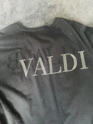 Svart VALDI t-shirt med strasstenar - Svart t-shirt från VALDI med stora bokstäver i strasstenar på både fram- och baksida. Klassisk rund halsringning och korta ärmar. Perfekt för dig som gillar statement-plagg med lite bling.