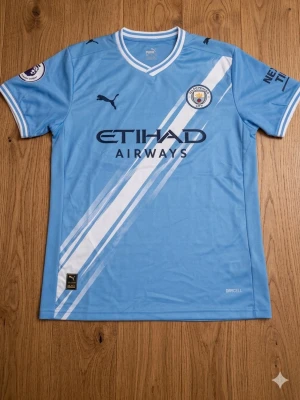 Manchester City matchtröja Puma - Ljusblå Manchester City matchtröja från Puma med vita och mörkblå detaljer. Tröjan har klubbmärke, sponsorlogga och Premier League-märke på ärmen. Tillverkad i funktionsmaterial (Drycell) med klassisk V-ringning och korta ärmar.