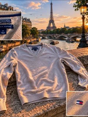 Beige V-ringad tröja Tommy Hilfiger - Snygg beige långärmad tröja från Tommy Hilfiger med V-ringning. Tröjan har en liten broderad logga på bröstet och är tillverkad i ett mjukt och tunt material som passar perfekt till lager-på-lager. Enkel och stilren design.