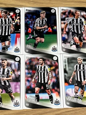 Newcastle United fotbollskort Topps - Säljer ett set med sex fotbollskort från Topps med Newcastle United-spelare. Korten har svartvita bilder på spelarna i matchställ och klubbens logga. Perfekt för samlare eller fans av Newcastle United och Champions League.