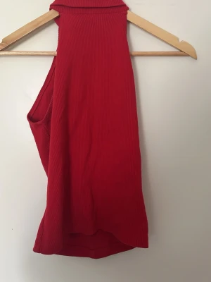 Röd ribbad ärmlös topp - Snygg röd ribbad topp med hög hals och ärmlös design. Perfekt för att skapa en cool och enkel look. Materialet är mjukt och stretchigt, vilket gör den bekväm att bära. Passformen är tight och toppen har en stilren, minimalistisk känsla.