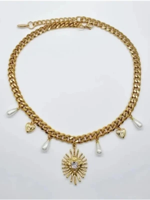 Handgjort halsband med hjärta och pärlor  - Material-18K guldpläterat rostfritt stål 304 och Zirconia kristall. Kedjetjocklek-7mm. Högkvalitativt #14+