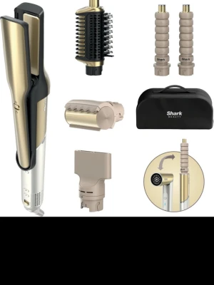 Shark glam hårstylingverktyg set - Multifunktionellt hårstylingverktyg från Shark Beauty i guld och svart. Setet innehåller flera utbytbara tillbehör som locktänger, borste, fönmunstycke och värmeskyddande väska. Perfekt för att skapa olika frisyrer med ett enda verktyg. Endast testad men rengjord. Nypris 5300.