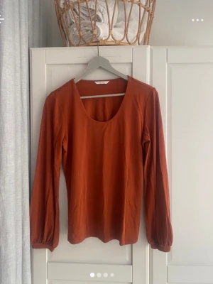 Rostbrun långärmad topp - En enkel och snygg rostbrun topp med lång ärm och rundad, urringning, i strl L. Perfekt att styla med jeans eller kjol för en clean look. Mjukt material och mycket fint skick. Djur och rökfritt hem!