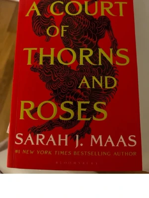 A Court of Thorns and Roses - En fantasyroman på engelska med röd mjukpärm och gul text. Boken är första delen i en romantisk fantasyserie och har ett konstnärligt svart mönster på omslaget. Perfekt för dig som gillar magi, romantik och äventyr i en episk värld. Min lillasyster kladade bara förstasidan, annars är den så gott som ny. PRIS KAN DISKUTERAS