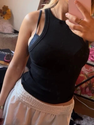 Svart ribbad linnetopp - Säljer en svart ribbad linnetopp med rund halsringning och smala axelband. Toppen är croppad och har en tight passform som framhäver figuren. Perfekt att styla med jeans eller kjol för en enkel och snygg look.