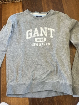 Grå sweatshirt från GANT - Klassisk grå sweatshirt från GANT med vit tryckt logga och texten '1849 New Haven' på bröstet. Tröjan har rund halsringning och långa ärmar, perfekt för en avslappnad och sportig stil.