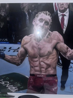 Paddy ”The Baddy” Pimblett tavla signerad! - Säljer en tavla med motiv av MMA-fightern Paddy ”The Baddy” Pimblett i oktagonen, omgiven av publik och domare. Tavlan har tydliga detaljer, starka färger och är signerad i hörnet. Ramen är vit och motivet har en sportig och energisk känsla.