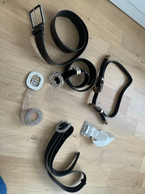 6 bälten i fint skick – säljs tillsammans - Säljer flera fina bälten tillsammans. Blandade modeller i svart, vitt och silver med olika spännen – både enkla och mer dekorativa. Perfekt om du vill variera outfits eller sälja vidare.