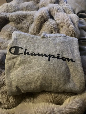 Grå hoodie från Champion - Säljer en grå hoodie från Champion med stor svart logga över bröstet. Hoodien har en klassisk passform och är tillverkad i mjukt material som känns skönt mot huden. Perfekt till vardag eller träning. original pris 400kr. storlek 162/167 x-large i barn.