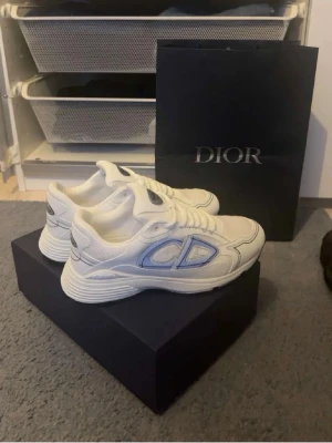 Vita Dior sneakers med vit detaljer - Snygga vita sneakers från Dior med vit CD-logga på sidan och silvriga detaljer. Skorna har en chunky sula och är tillverkade i textil och läder. Perfekta för dig som vill sticka ut med exklusiva och trendiga sneakers.
