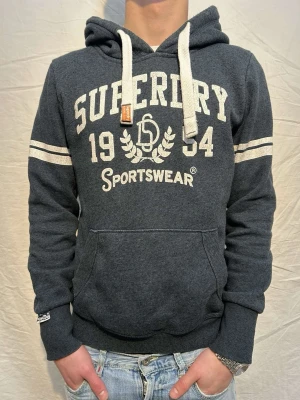 grå Superdry hoodie med tryck - Fet gråblå vintage hoodie med en fet vit tryck!! Märke:Superdry. OBS Storlek L men passar M/S. Skick 8/10. Modellen är 176cm och väger 64kg