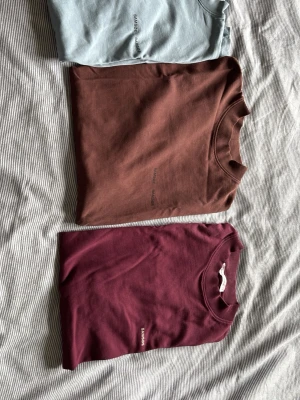 3-pack t-shirts från Samsoe Samsoe - Säljer tre stilrena t-shirts från Samsoe Samsoe i färgerna ljusblå, brun och vinröd. Ny skick, har bara legat i garderoben 