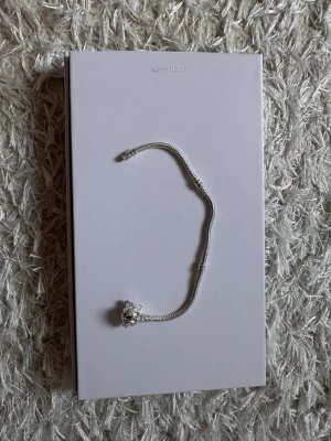 Pandora silverarmband med kronberlock - Säljer ett stilrent silverarmband från Pandora med en detaljerad krona som berlock. Armbandet har en klassisk orm-länk och är i blankt silverfärgat material. Perfekt för dig som gillar att samla berlocker och vill ha något unikt på handleden.