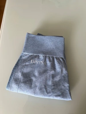 Ljusblå träningsbyxor från Divina (passar S) - Snygga ljusblå tights från Divina med hög midja och ribbad linning. Tillverkade i stretchigt material som sitter skönt och formar sig efter kroppen. Diskreta sömmar längs benen och logga på höften. Perfekta för träning eller chill.