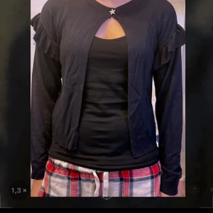 Mörk marinblå kofta med volang och stjärnknapp - Mörk marinblå tunnstickad kofta med volangdetaljer längs axlarna och en dekorativ stjärnformad knapp vid halsen. Koftan har öppen front och långa ärmar, perfekt för att lyfta en enkel outfit.