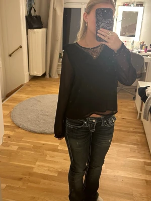 Svart transparent blus med spetsdetaljer - Snygg svart blus i transparent material med långa ärmar och v-ringning. Spetsdetaljer syns vid halsringningen och axlarna, vilket ger en trendig och feminin look. Perfekt att styla med jeans eller kjol för en cool outfit. Är i stlk 152 men passar mig som xs