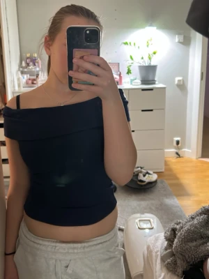 Mörkblå offshoulder topp - Snygg mörkblå topp med offshoulder-design. Perfekt för dig som vill ha en trendig och stilren look. Toppens form framhäver axlarna och har en passning som sitter bekvämt. Passar till många olika outfits. Säljer på grund av att den inte kommit till användning.