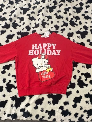 Röd Hello Kitty holiday hoodie - Röd hoodie med trycket 'HAPPY HOLIDAY' och en söt Hello Kitty-figur på framsidan. Tröjan har rund halsringning, ribbade muddar och är gjord i mjukt bomullsmaterial. Perfekt för dig som älskar gulliga och färgglada plagg med karaktärstryck. Aldrig använt, med prislapp 