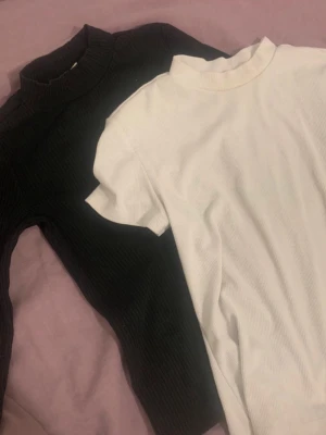 Ribbad svart och vit topp - Två stilrena ribbade toppar i svart och vitt med hög hals och korta ärmar. Perfekta att matcha till olika outfits och enkla att styla. Materialet känns mjukt och stretchigt, vilket gör dem bekväma att bära hela dagen.