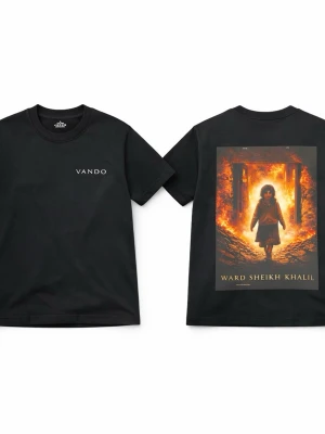 Svart t-shirt med tryck från Vando - VANDO – Mer än bara kläder. Våra tröjor är skapade i en tidlös svart design med en känsla av street-luxury och kvalitet som håller över tid. Varje plagg står för styrka, identitet och rötter.  En del av vinsten går till att stödja människor i Palestina och Sudan. När du bär VANDO bär du inte bara stil. du bär ett budskap och bidrar till något större. !Finns flera storlekar!